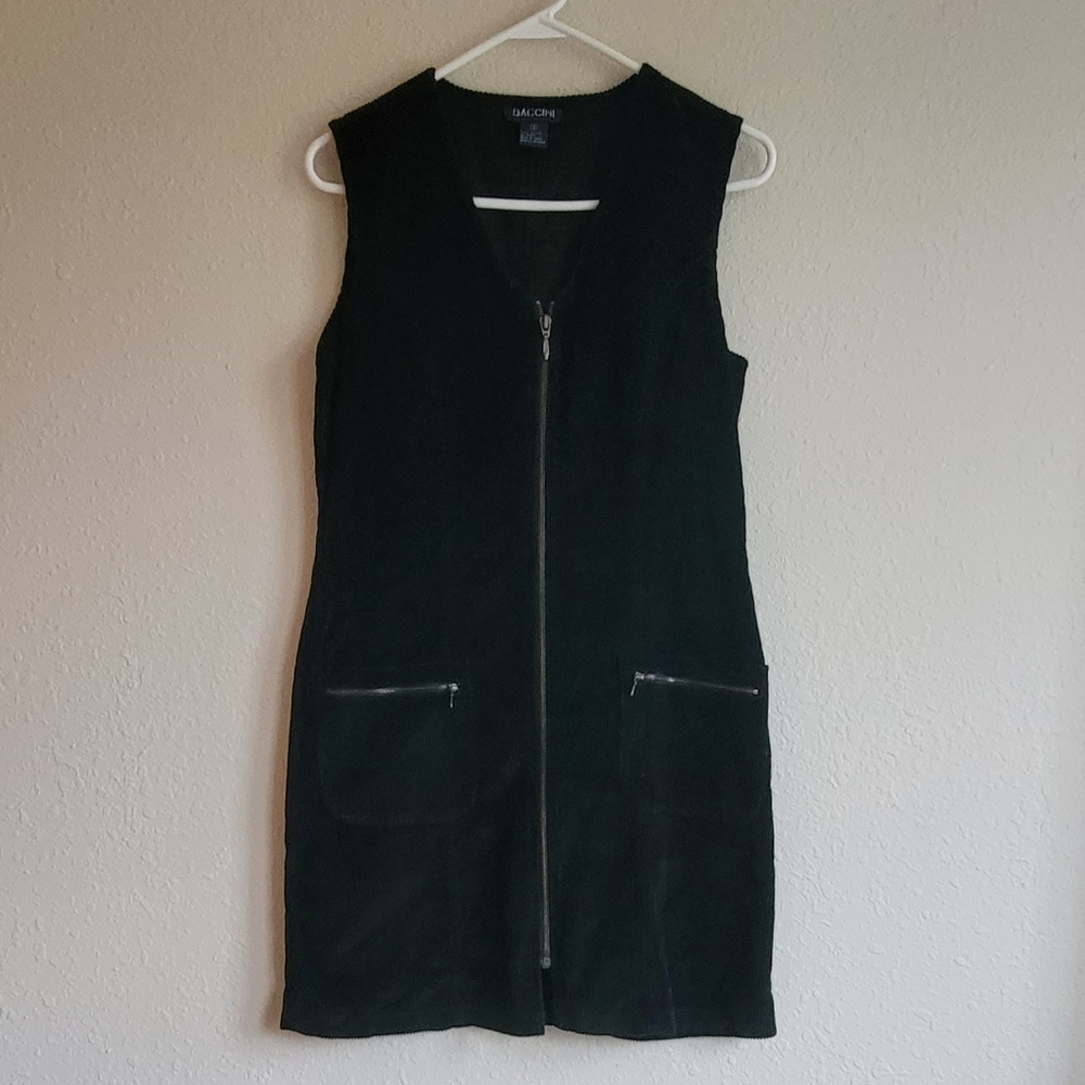 Vintage 90's Baccini Black Corduroy Zip Up Sleeveless Dress Size 8